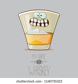 vector funny cartoon smiling whiskey glass character isolated on grey background. My name is whiskey vector concept. funky hipster alcohol character icon for bars label or menu