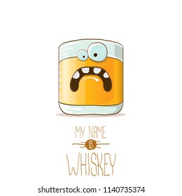 vector funny cartoon smiling whiskey glass character isolated on white background. My name is whiskey vector concept. funky hipster alcohol character icon for bars label or menu