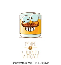 vector funny cartoon smiling whiskey glass character isolated on white background. My name is whiskey vector concept. funky hipster alcohol character icon for bars label or menu
