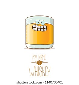 vector funny cartoon smiling whiskey glass character isolated on white background. My name is whiskey vector concept. funky hipster alcohol character icon for bars label or menu