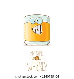 vector funny cartoon smiling whiskey glass character isolated on white background. My name is whiskey vector concept. funky hipster alcohol character icon for bars label or menu