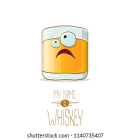 vector funny cartoon smiling whiskey glass character isolated on white background. My name is whiskey vector concept. funky hipster alcohol character icon for bars label or menu