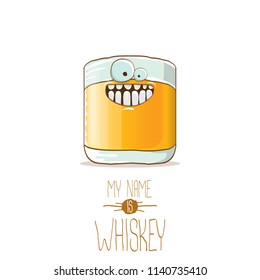 vector funny cartoon smiling whiskey glass character isolated on white background. My name is whiskey vector concept. funky hipster alcohol character icon for bars label or menu