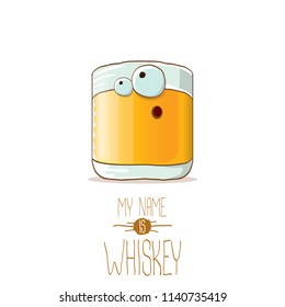 vector funny cartoon smiling whiskey glass character isolated on white background. My name is whiskey vector concept. funky hipster alcohol character icon for bars label or menu