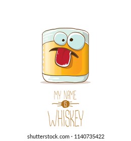 vector funny cartoon smiling whiskey glass character isolated on white background. My name is whiskey vector concept. funky hipster alcohol character icon for bars label or menu