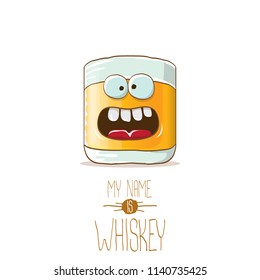 vector funny cartoon smiling whiskey glass character isolated on white background. My name is whiskey vector concept. funky hipster alcohol character icon for bars label or menu