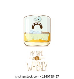 vector funny cartoon smiling whiskey glass character isolated on white background. My name is whiskey vector concept. funky hipster alcohol character icon for bars label or menu