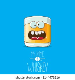 vector funny cartoon smiling whiskey glass character isolated on white background. My name is whiskey vector concept. funky hipster alcohol character icon for bars label or menu
