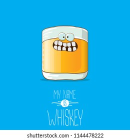 vector funny cartoon smiling whiskey glass character isolated on white background. My name is whiskey vector concept. funky hipster alcohol character icon for bars label or menu