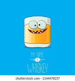 vector funny cartoon smiling whiskey glass character isolated on white background. My name is whiskey vector concept. funky hipster alcohol character icon for bars label or menu