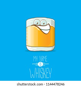 vector funny cartoon smiling whiskey glass character isolated on white background. My name is whiskey vector concept. funky hipster alcohol character icon for bars label or menu