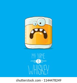 vector funny cartoon smiling whiskey glass character isolated on white background. My name is whiskey vector concept. funky hipster alcohol character icon for bars label or menu
