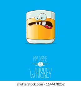 vector funny cartoon smiling whiskey glass character isolated on white background. My name is whiskey vector concept. funky hipster alcohol character icon for bars label or menu
