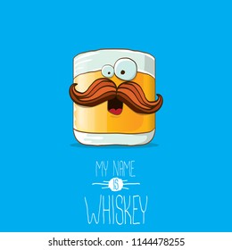 vector funny cartoon smiling whiskey glass character isolated on white background. My name is whiskey vector concept. funky hipster alcohol character icon for bars label or menu