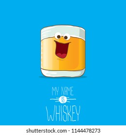 vector funny cartoon smiling whiskey glass character isolated on white background. My name is whiskey vector concept. funky hipster alcohol character icon for bars label or menu