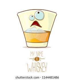 vector funny cartoon smiling whiskey glass character isolated on white background. My name is whiskey vector concept. funky hipster alcohol character icon for bars label or menu
