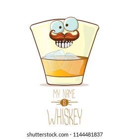 vector funny cartoon smiling whiskey glass character isolated on white background. My name is whiskey vector concept. funky hipster alcohol character icon for bars label or menu