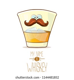 vector funny cartoon smiling whiskey glass character isolated on white background. My name is whiskey vector concept. funky hipster alcohol character icon for bars label or menu