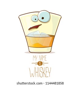 vector funny cartoon smiling whiskey glass character isolated on white background. My name is whiskey vector concept. funky hipster alcohol character icon for bars label or menu