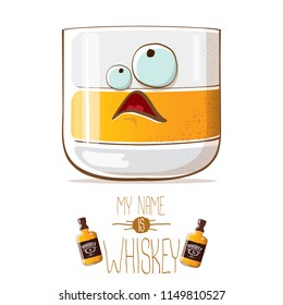 vector funny cartoon smiling whiskey glass character isolated on white background. My name is whiskey vector concept. funky hipster alcohol character icon for bars label or menu