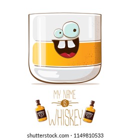 vector funny cartoon smiling whiskey glass character isolated on white background. My name is whiskey vector concept. funky hipster alcohol character icon for bars label or menu