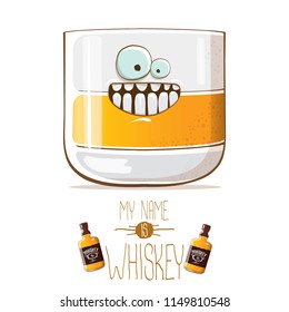 vector funny cartoon smiling whiskey glass character isolated on white background. My name is whiskey vector concept. funky hipster alcohol character icon for bars label or menu