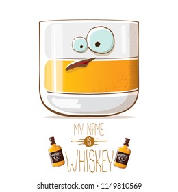 vector funny cartoon smiling whiskey glass character isolated on white background. My name is whiskey vector concept. funky hipster alcohol character icon for bars label or menu