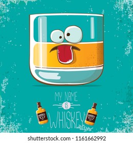 vector funny cartoon smiling whiskey glass character isolated on azure background. My name is whiskey vector concept. funky hipster alcohol character icon for bars label or menu