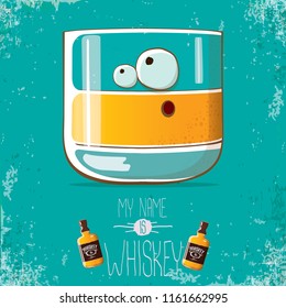 vector funny cartoon smiling whiskey glass character isolated on azure background. My name is whiskey vector concept. funky hipster alcohol character icon for bars label or menu