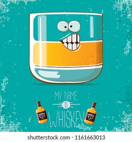 vector funny cartoon smiling whiskey glass character isolated on azure background. My name is whiskey vector concept. funky hipster alcohol character icon for bars label or menu