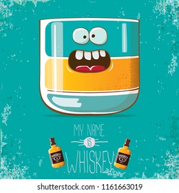 vector funny cartoon smiling whiskey glass character isolated on azure background. My name is whiskey vector concept. funky hipster alcohol character icon for bars label or menu