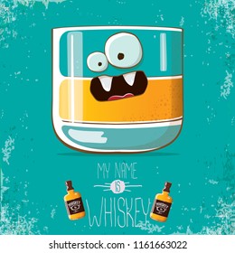 vector funny cartoon smiling whiskey glass character isolated on azure background. My name is whiskey vector concept. funky hipster alcohol character icon for bars label or menu