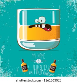 vector funny cartoon smiling whiskey glass character isolated on azure background. My name is whiskey vector concept. funky hipster alcohol character icon for bars label or menu