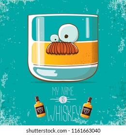 vector funny cartoon smiling whiskey glass character isolated on azure background. My name is whiskey vector concept. funky hipster alcohol character icon for bars label or menu