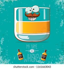 vector funny cartoon smiling whiskey glass character isolated on azure background. My name is whiskey vector concept. funky hipster alcohol character icon for bars label or menu