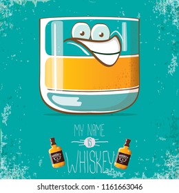 vector funny cartoon smiling whiskey glass character isolated on azure background. My name is whiskey vector concept. funky hipster alcohol character icon for bars label or menu