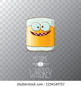vector funny cartoon smiling whiskey glass character isolated on transparent background. My name is whiskey vector concept. funky hipster alcohol character icon for bars label or menu