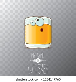 vector funny cartoon smiling whiskey glass character isolated on transparent background. My name is whiskey vector concept. funky hipster alcohol character icon for bars label or menu