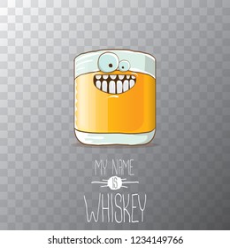 vector funny cartoon smiling whiskey glass character isolated on transparent background. My name is whiskey vector concept. funky hipster alcohol character icon for bars label or menu