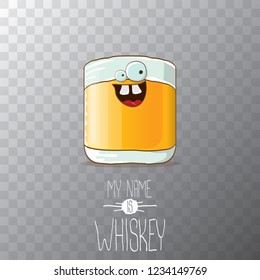 vector funny cartoon smiling whiskey glass character isolated on transparent background. My name is whiskey vector concept. funky hipster alcohol character icon for bars label or menu