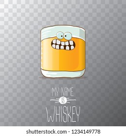 vector funny cartoon smiling whiskey glass character isolated on transparent background. My name is whiskey vector concept. funky hipster alcohol character icon for bars label or menu