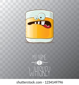vector funny cartoon smiling whiskey glass character isolated on transparent background. My name is whiskey vector concept. funky hipster alcohol character icon for bars label or menu