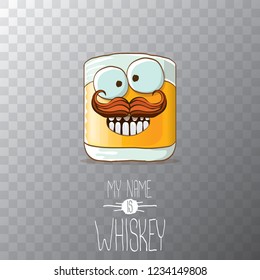 vector funny cartoon smiling whiskey glass character isolated on transparent background. My name is whiskey vector concept. funky hipster alcohol character icon for bars label or menu