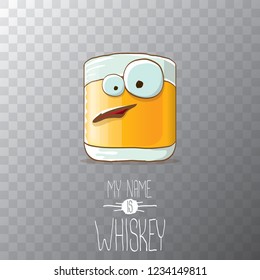 vector funny cartoon smiling whiskey glass character isolated on transparent background. My name is whiskey vector concept. funky hipster alcohol character icon for bars label or menu