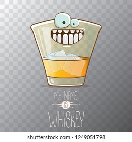 vector funny cartoon smiling whiskey glass character isolated on transparent background. My name is whiskey vector concept. funky hipster alcohol character icon for bars label or menu