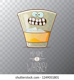 vector funny cartoon smiling whiskey glass character isolated on transparent background. My name is whiskey vector concept. funky hipster alcohol character icon for bars label or menu