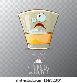 vector funny cartoon smiling whiskey glass character isolated on transparent background. My name is whiskey vector concept. funky hipster alcohol character icon for bars label or menu