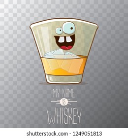 vector funny cartoon smiling whiskey glass character isolated on transparent background. My name is whiskey vector concept. funky hipster alcohol character icon for bars label or menu