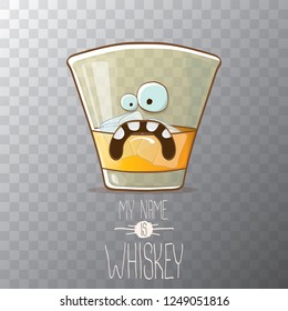 vector funny cartoon smiling whiskey glass character isolated on transparent background. My name is whiskey vector concept. funky hipster alcohol character icon for bars label or menu