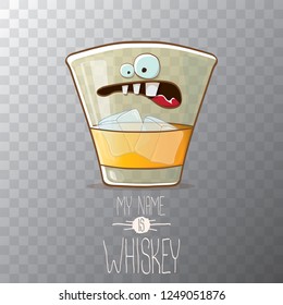 vector funny cartoon smiling whiskey glass character isolated on transparent background. My name is whiskey vector concept. funky hipster alcohol character icon for bars label or menu